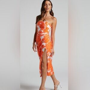 Showpo Brailey Midi Dress in Jacquard Orange and White Floral size 8